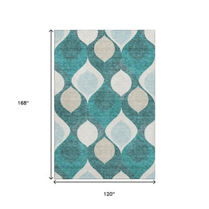 HomeRoots 10' X 14' Teal and Ivory Ogee Area Rug - Washable, UV Protected, Stylish Design for Modern Homes 663101