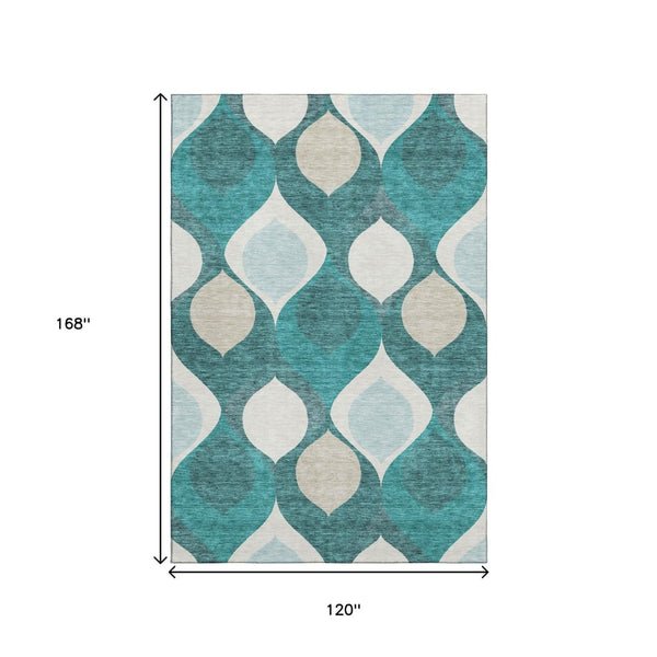 HomeRoots 10' X 14' Teal and Ivory Ogee Area Rug - Washable, UV Protected, Stylish Design for Modern Homes 663101