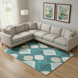 HomeRoots 10' X 14' Teal and Ivory Ogee Area Rug - Washable, UV Protected, Stylish Design for Modern Homes 663101