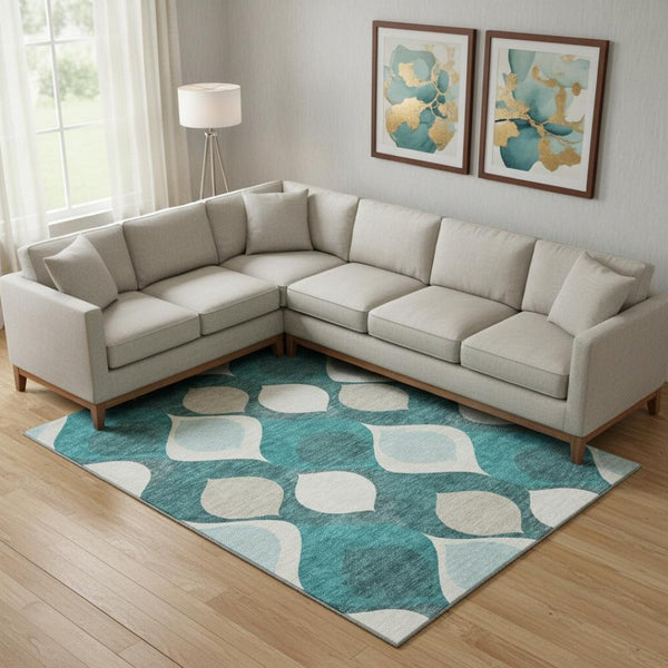 HomeRoots 10' X 14' Teal and Ivory Ogee Area Rug - Washable, UV Protected, Stylish Design for Modern Homes 663101