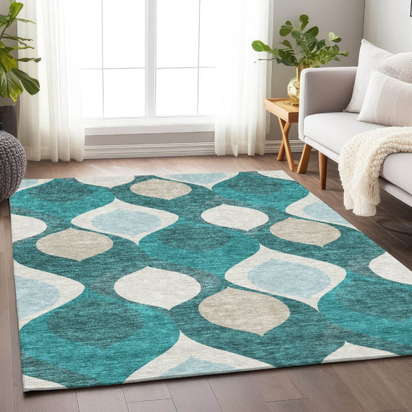 HomeRoots 10' X 14' Teal and Ivory Ogee Area Rug - Washable, UV Protected, Stylish Design for Modern Homes 663101