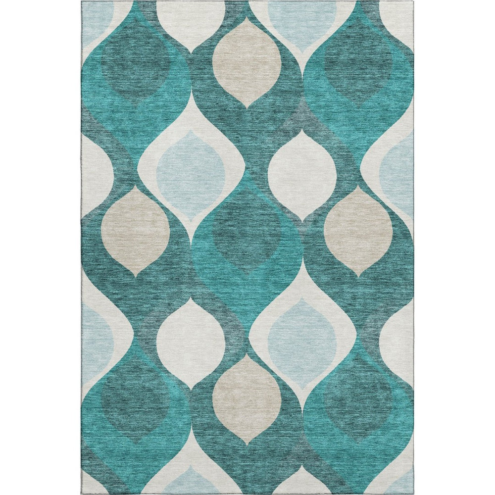 HomeRoots 10' X 14' Teal and Ivory Ogee Area Rug - Washable, UV Protected, Stylish Design for Modern Homes 663101