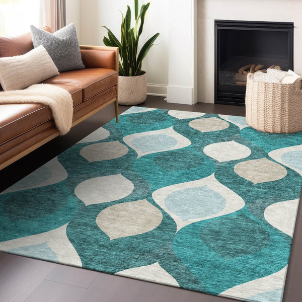 HomeRoots 10' X 14' Teal and Ivory Ogee Area Rug - Washable, UV Protected, Stylish Design for Modern Homes 663101