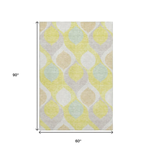HomeRoots 5' Ogee Washable Area Rug in Yellow, Ivory & Gray - Durable, UV Protected & Stain Resistant Design 663103