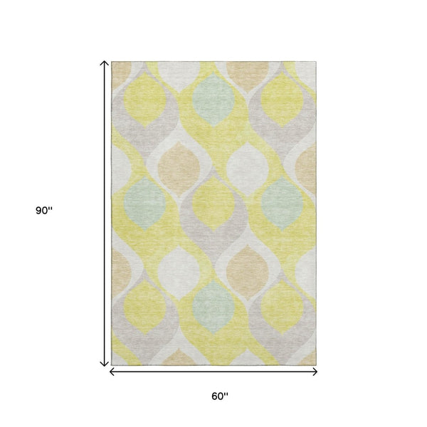 HomeRoots 5' Ogee Washable Area Rug in Yellow, Ivory & Gray - Durable, UV Protected & Stain Resistant Design 663103