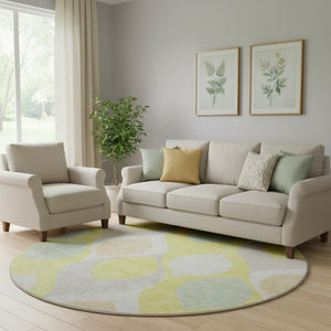 HomeRoots 8' Yellow Ivory And Gray Ogee Round Rug - Durable, Washable, UV-Protected, Perfect for Any Room 663104