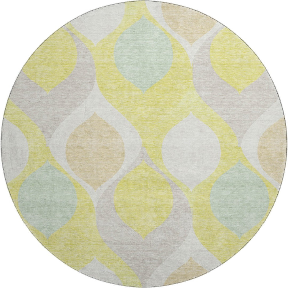 HomeRoots 8' Yellow Ivory And Gray Ogee Round Rug - Durable, Washable, UV-Protected, Perfect for Any Room 663104