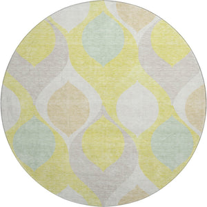 HomeRoots 8' Yellow Ivory And Gray Ogee Round Rug - Durable, Washable, UV-Protected, Perfect for Any Room 663104