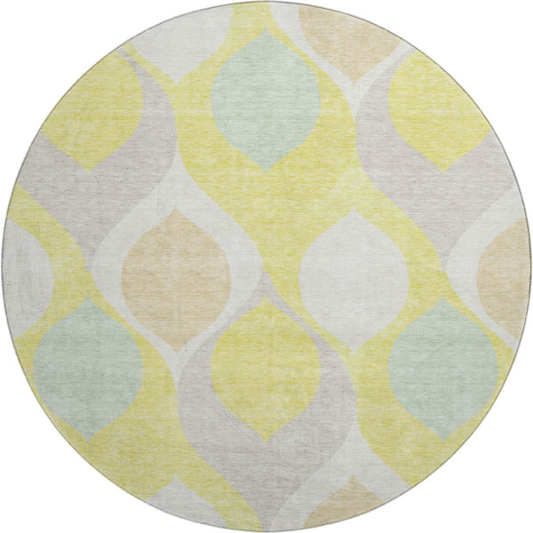 HomeRoots 8' Yellow Ivory And Gray Ogee Round Rug - Durable, Washable, UV-Protected, Perfect for Any Room 663104