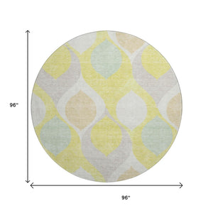 HomeRoots 8' Yellow Ivory And Gray Ogee Round Rug - Durable, Washable, UV-Protected, Perfect for Any Room 663104