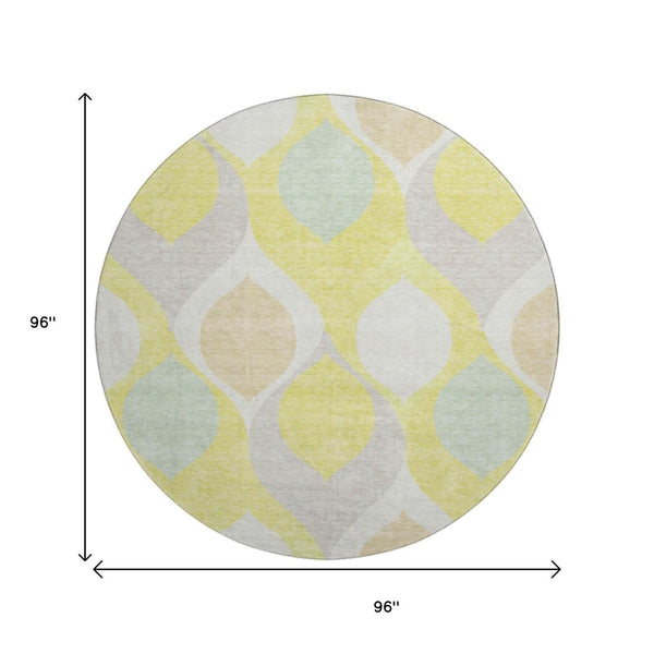 HomeRoots 8' Yellow Ivory And Gray Ogee Round Rug - Durable, Washable, UV-Protected, Perfect for Any Room 663104