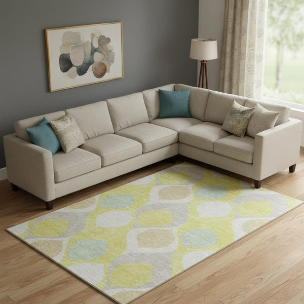 HomeRoots 8' X 10' Ogee Washable Area Rug in Yellow, Ivory & Gray - UV Protection, Stain-Resistant, Durable Design 663105