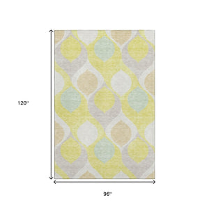 HomeRoots 8' X 10' Ogee Washable Area Rug in Yellow, Ivory & Gray - UV Protection, Stain-Resistant, Durable Design 663105