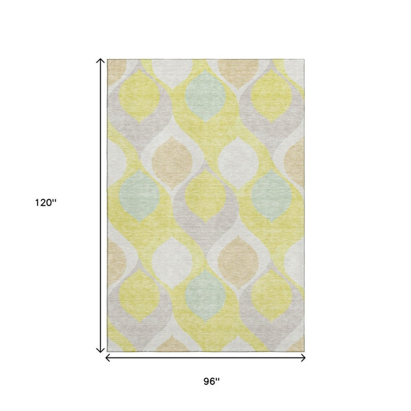 HomeRoots 8' X 10' Ogee Washable Area Rug in Yellow, Ivory & Gray - UV Protection, Stain-Resistant, Durable Design 663105