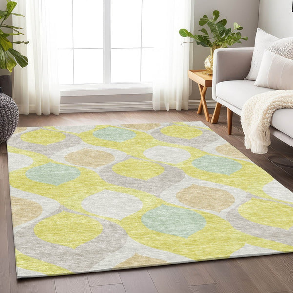 HomeRoots 9' Ogee Washable Area Rug in Yellow, Ivory & Gray – UV Protected, Stain-Resistant for Busy Homes! 663106