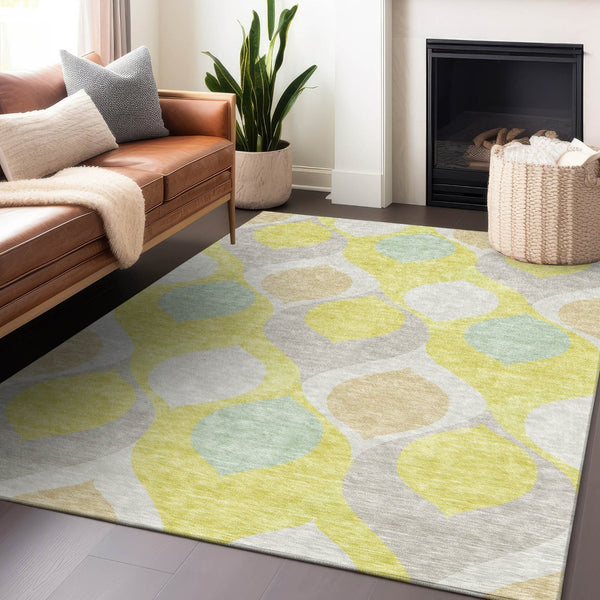 HomeRoots 9' Ogee Washable Area Rug in Yellow, Ivory & Gray – UV Protected, Stain-Resistant for Busy Homes! 663106