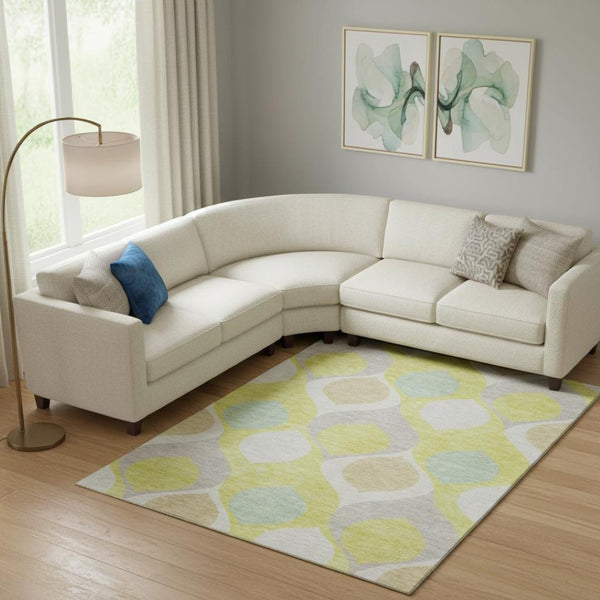 HomeRoots 9' Ogee Washable Area Rug in Yellow, Ivory & Gray – UV Protected, Stain-Resistant for Busy Homes! 663106