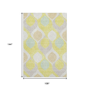 HomeRoots 9' Ogee Washable Area Rug in Yellow, Ivory & Gray – UV Protected, Stain-Resistant for Busy Homes! 663106