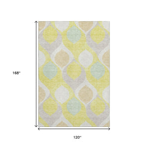 HomeRoots 10' X 14' Washable Ogee Area Rug - Stylish Yellow, Ivory & Gray, UV Protection & Stain Resistant 663107
