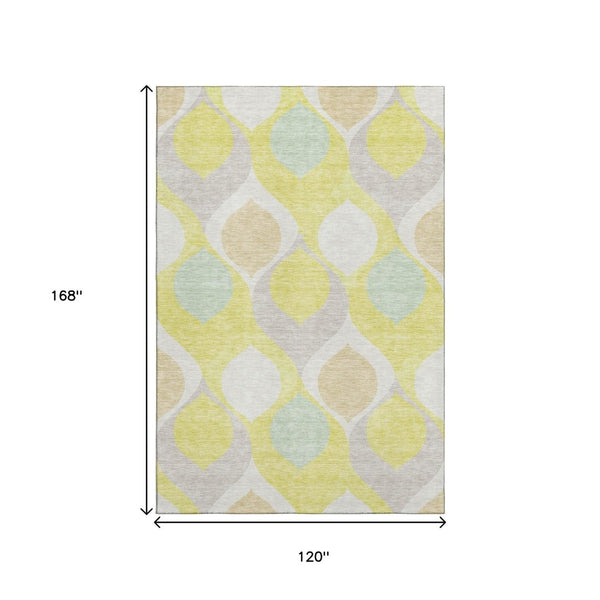 HomeRoots 10' X 14' Washable Ogee Area Rug - Stylish Yellow, Ivory & Gray, UV Protection & Stain Resistant 663107