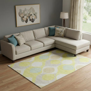 HomeRoots 10' X 14' Washable Ogee Area Rug - Stylish Yellow, Ivory & Gray, UV Protection & Stain Resistant 663107
