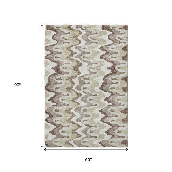 HomeRoots 5' X 8' Abstract Washable Area Rug in Beige, Ivory & Taupe - UV Protected, Ideal for Active Homes! 663115