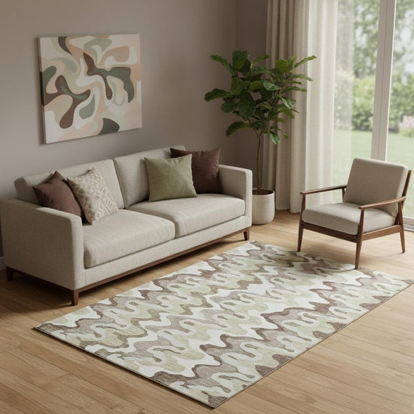 HomeRoots 5' X 8' Abstract Washable Area Rug in Beige, Ivory & Taupe - UV Protected, Ideal for Active Homes! 663115