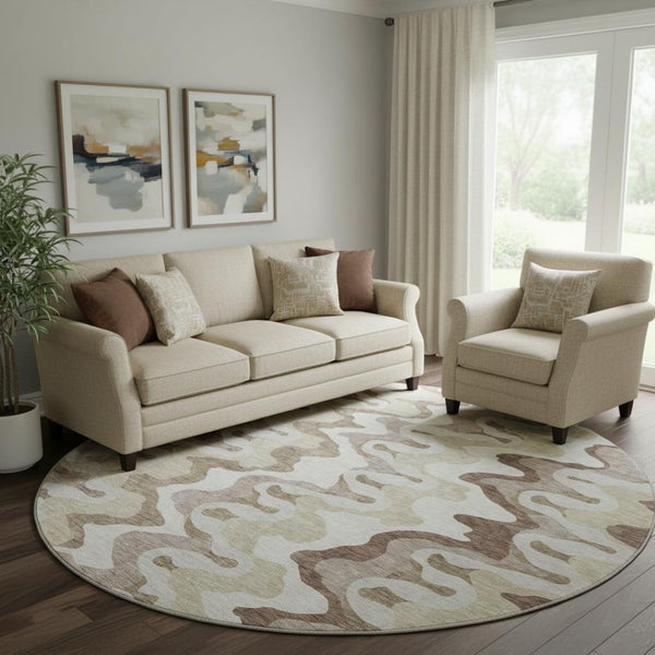 HomeRoots 8' Abstract Washable Round Area Rug in Beige, Ivory & Taupe - Durable, UV-Protected & Pet-Friendly! 663116
