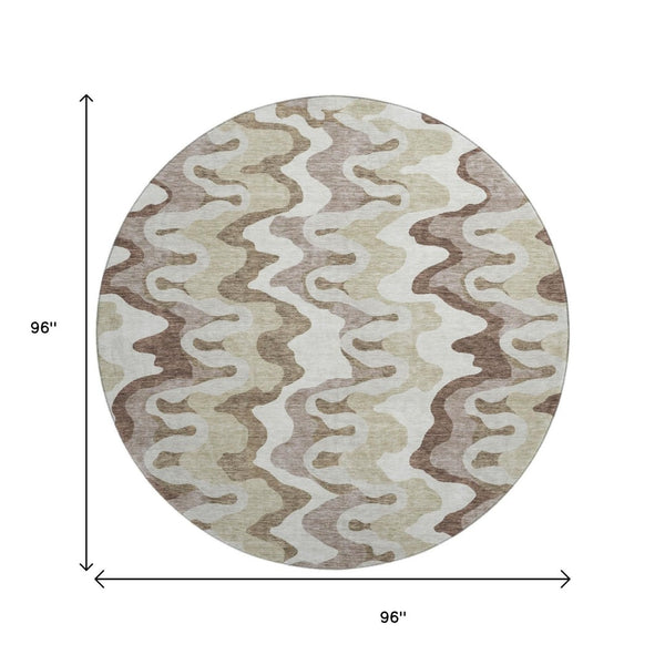 HomeRoots 8' Abstract Washable Round Area Rug in Beige, Ivory & Taupe - Durable, UV-Protected & Pet-Friendly! 663116