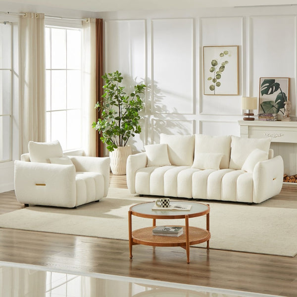 English Elm 3 Plus 1 Seater Teddy Fleece Sofa Set Wooden Frame Foam Spring Living Room Pair Beige W1193S00189