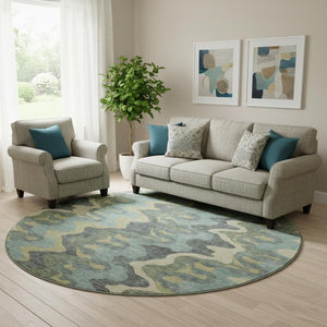 HomeRoots 8' Washable Round Rug in Sage, Ivory & Beige - UV Protected, Durable & Stylish for High-Traffic Areas 663158