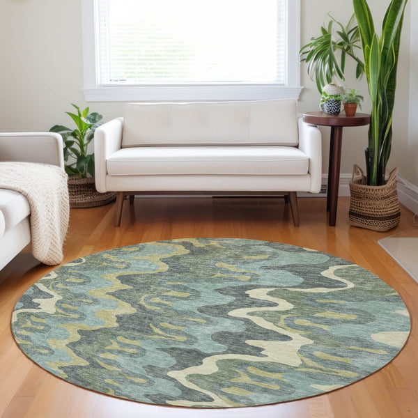 HomeRoots 8' Washable Round Rug in Sage, Ivory & Beige - UV Protected, Durable & Stylish for High-Traffic Areas 663158