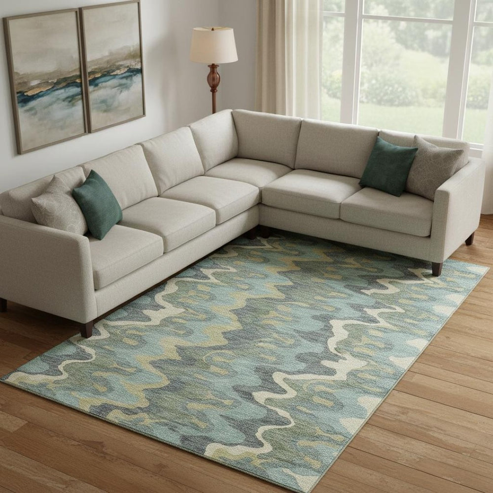 HomeRoots 8' X 10' Sage Ivory Beige Abstract Washable Area Rug - UV Protected, Stain Resistant, Modern Style 663159