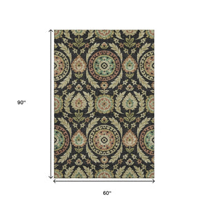 HomeRoots 5' X 8' Elegant Black Gold Copper Floral Washable Area Rug with UV Protection for Every Home 663187