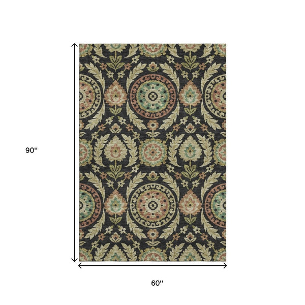 HomeRoots 5' X 8' Elegant Black Gold Copper Floral Washable Area Rug with UV Protection for Every Home 663187