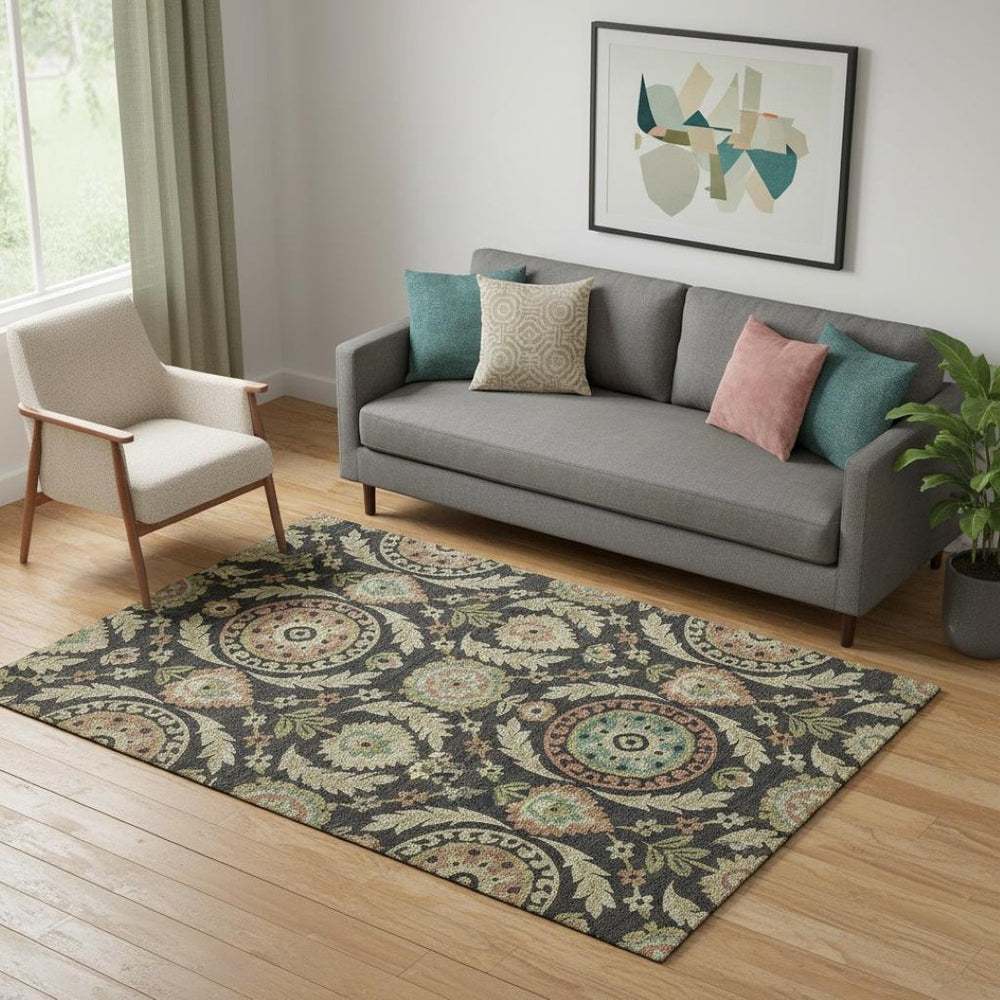 HomeRoots 5' X 8' Elegant Black Gold Copper Floral Washable Area Rug with UV Protection for Every Home 663187