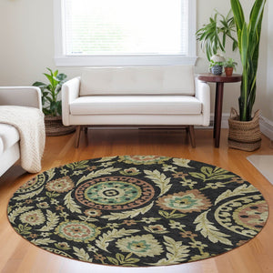 HomeRoots 8' Floral Washable Round Rug in Black, Gold & Copper - UV Protected, Stain Resistant & Durable Design 663188