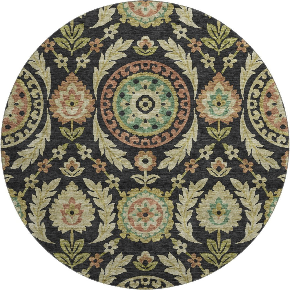 HomeRoots 8' Floral Washable Round Rug in Black, Gold & Copper - UV Protected, Stain Resistant & Durable Design 663188