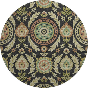 HomeRoots 8' Floral Washable Round Rug in Black, Gold & Copper - UV Protected, Stain Resistant & Durable Design 663188