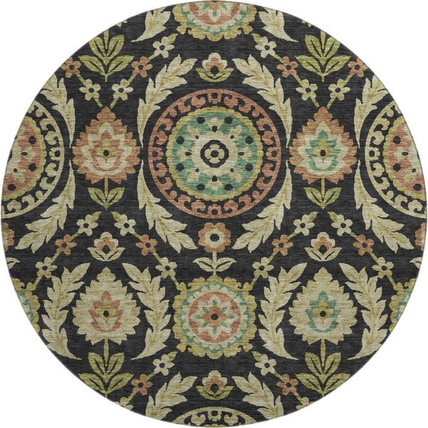 HomeRoots 8' Floral Washable Round Rug in Black, Gold & Copper - UV Protected, Stain Resistant & Durable Design 663188