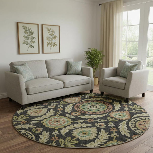 HomeRoots 8' Floral Washable Round Rug in Black, Gold & Copper - UV Protected, Stain Resistant & Durable Design 663188