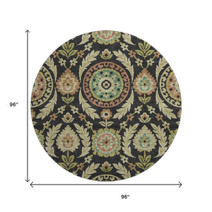 HomeRoots 8' Floral Washable Round Rug in Black, Gold & Copper - UV Protected, Stain Resistant & Durable Design 663188