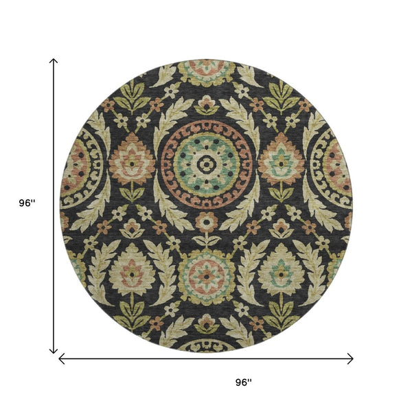 HomeRoots 8' Floral Washable Round Rug in Black, Gold & Copper - UV Protected, Stain Resistant & Durable Design 663188