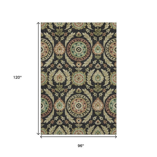 HomeRoots 8' X 10' Stylish Black, Gold, and Copper Floral Washable Area Rug with UV Protection for Homes 663189