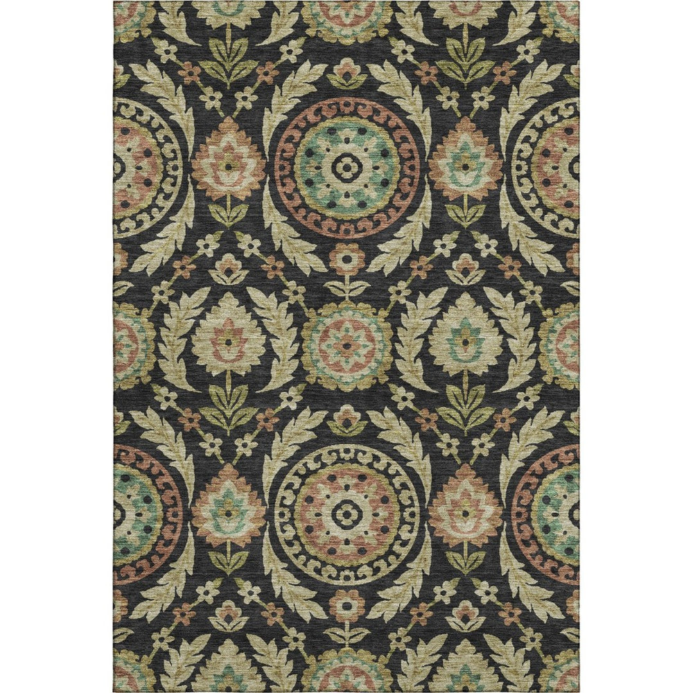 HomeRoots 8' X 10' Stylish Black, Gold, and Copper Floral Washable Area Rug with UV Protection for Homes 663189