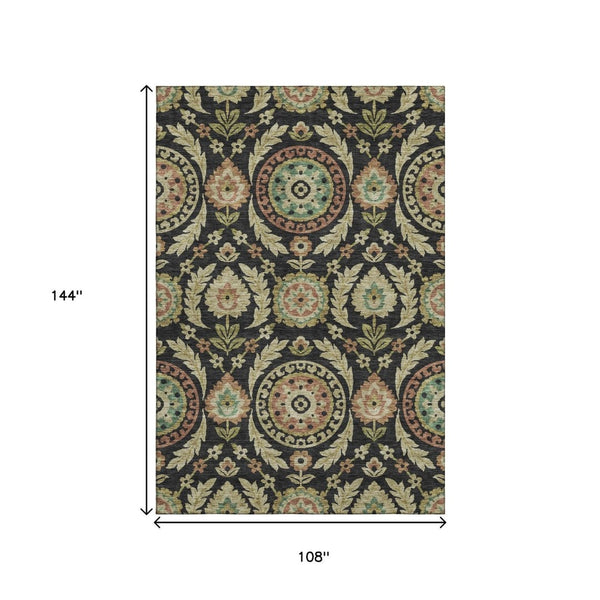 HomeRoots 9' X 12' Elegant Black Gold Copper Floral Area Rug - Washable, UV-Resistant, Perfect for Homes! 663190