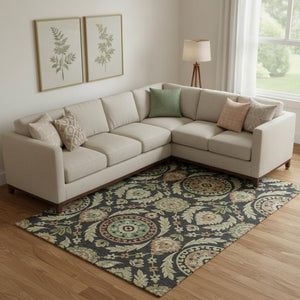 HomeRoots 9' X 12' Elegant Black Gold Copper Floral Area Rug - Washable, UV-Resistant, Perfect for Homes! 663190