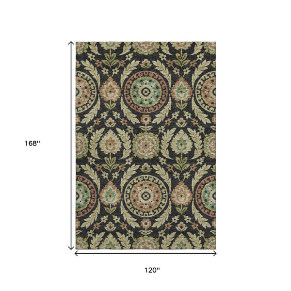 HomeRoots 10' X 14' Washable Black, Gold & Copper Floral Area Rug with UV Protection for Stylish Living Spaces 663191