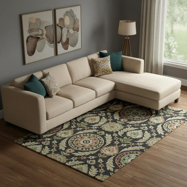 HomeRoots 10' X 14' Washable Black, Gold & Copper Floral Area Rug with UV Protection for Stylish Living Spaces 663191