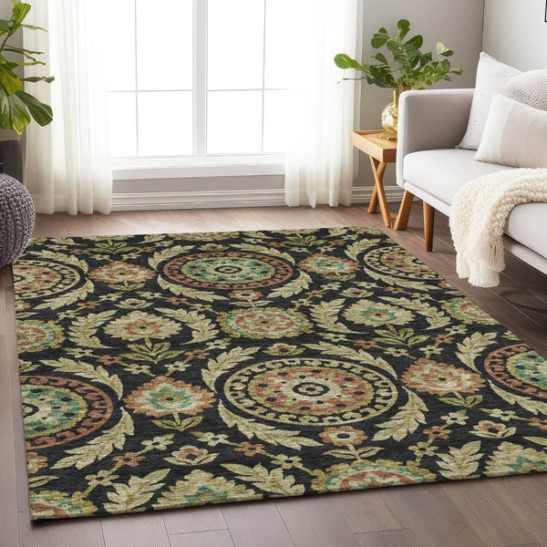 HomeRoots 10' X 14' Washable Black, Gold & Copper Floral Area Rug with UV Protection for Stylish Living Spaces 663191